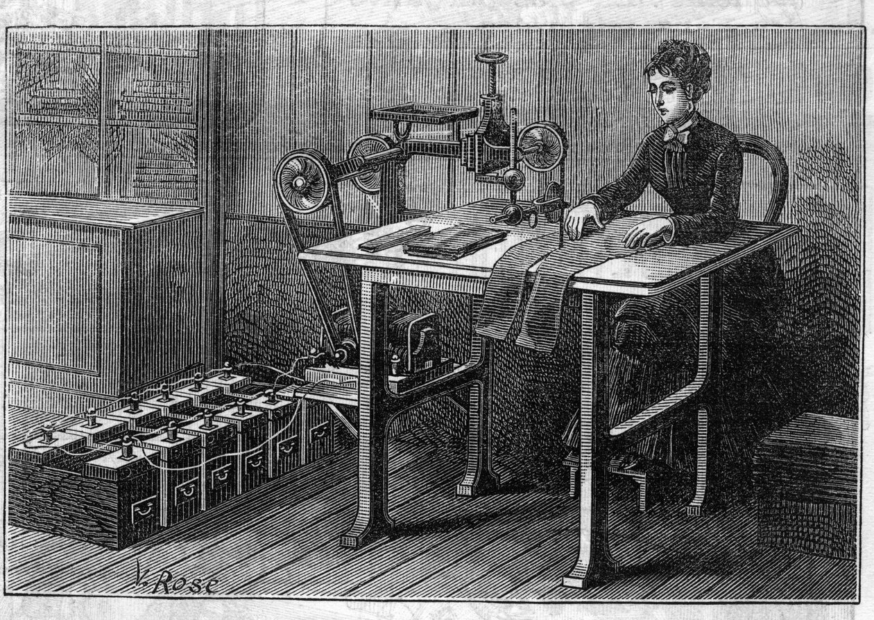 Aplicação das baterias Faure: máquina de corte para tecido operada pelo acumulador. Gravação no "Le Monde Illustré". de Unknown artist
