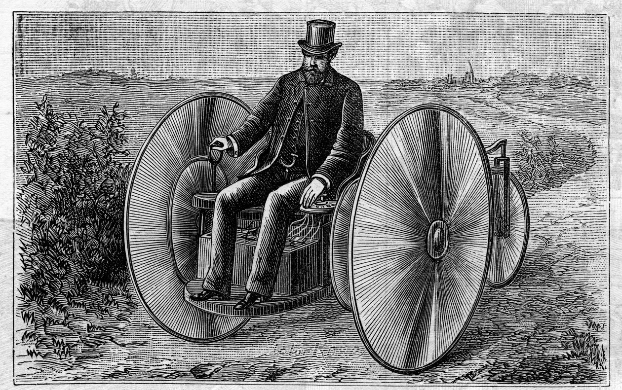 Aplicação de baterias Faure: triciclo eléctrico em movimento através do acumulador. Gravação no "Le Monde Illustré". de Unknown artist