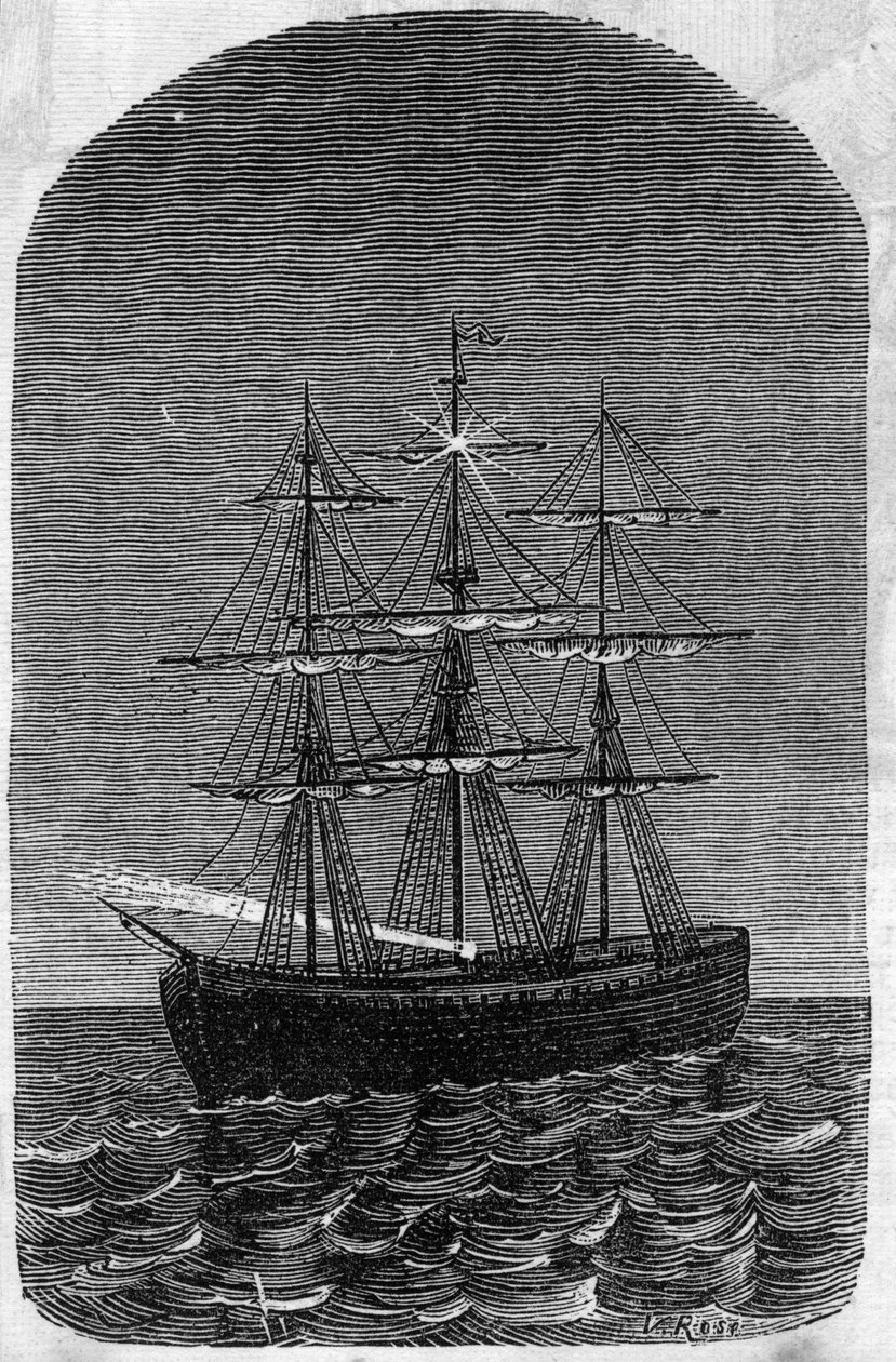 Aplicação de baterias Faure: navio em mar aberto iluminado por electricidade. Gravação no "Le Monde Illustré". de Unknown artist