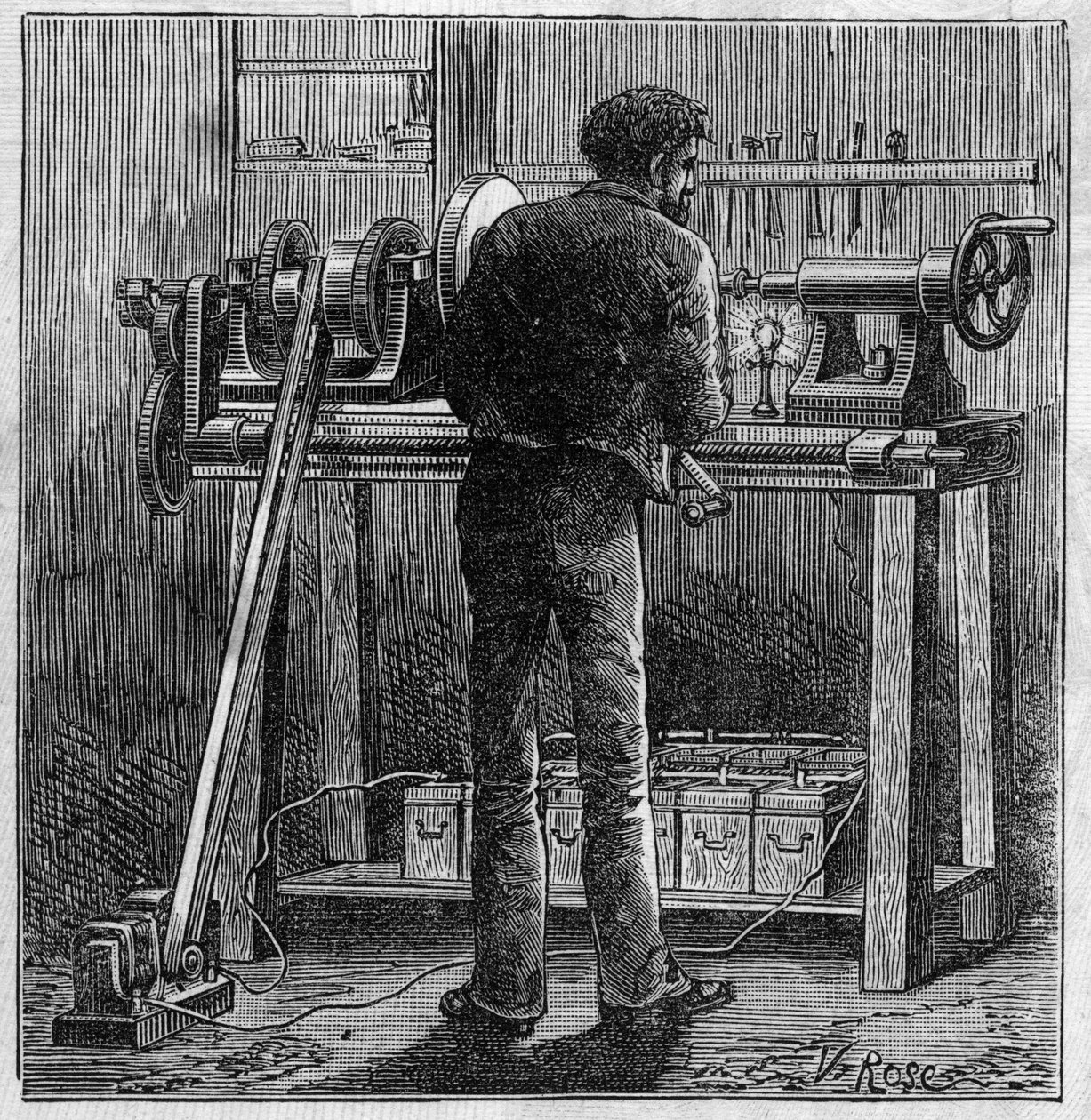Aplicação de baterias Faure: volta de um artesão alimentado pelo acumulador. Gravação no "Le Monde Illustré". de Unknown artist