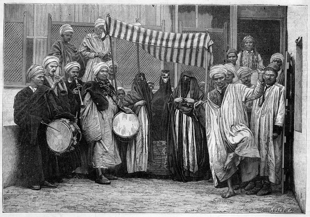 costume árabe no Egipto: Cortejo nupcial no Cairo. Gravura no "Le Monde Illustré". de Unknown artist