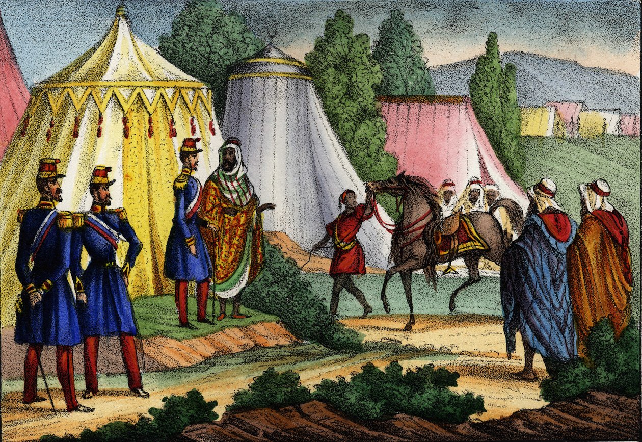 Líder árabe oferece um cavalo a um oficial do exército francês de África, Argélia de Unknown artist