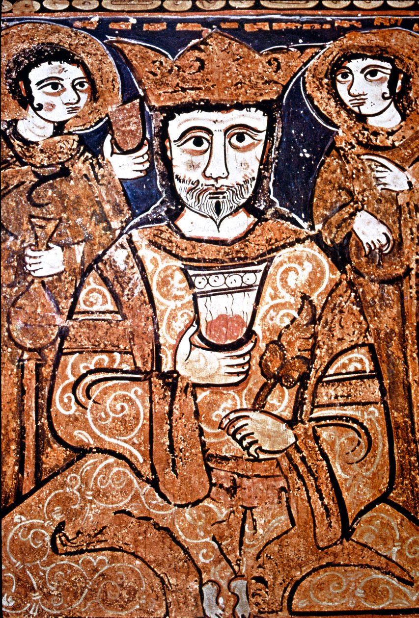 Retrato em estilo Arabonormand de Roger II da Sicília (1095-1154) rodeia altos dignitários. Pintura em madeira do século XII. Palermo, Cappella Palatina del Palazzo Reale (Capela Palatina do Palácio Real) Sicília, Itália de Unknown artist