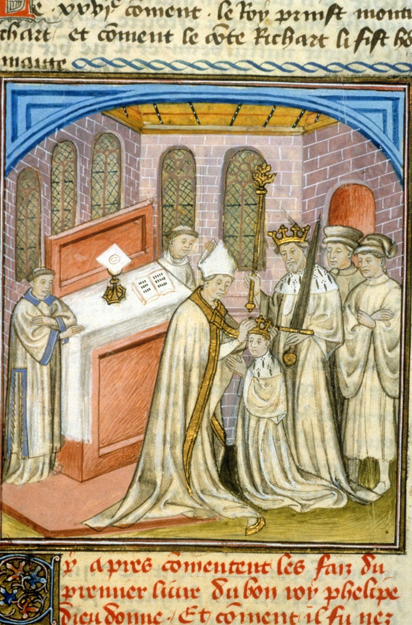 Arcebispo coroado Philippe Auguste em 1179 - Iluminação da Idade Média (ref. 512, 226r) Pedir permissão à Biblioteca Municipal de Toulouse (tel: 05 62 27 66 66) de Unknown artist
