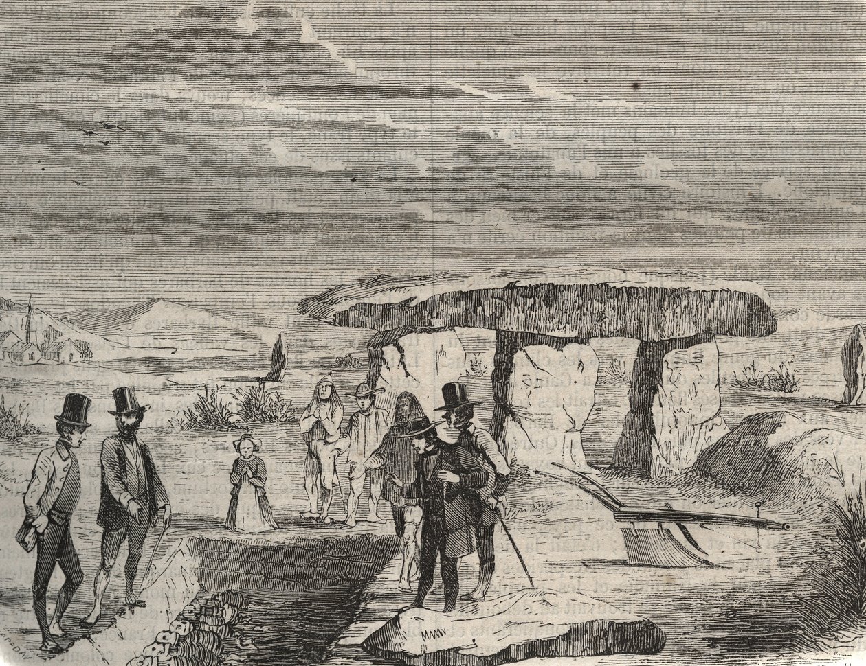 Escavações arqueológicas: descoberta de tumbas gregas perto das Dolmen de la Pierre aux Fees (Pierre-aux-Fees) no Oise (60). Gravura a partir de 1856 em "Le Musee Des Sciences". de Unknown artist