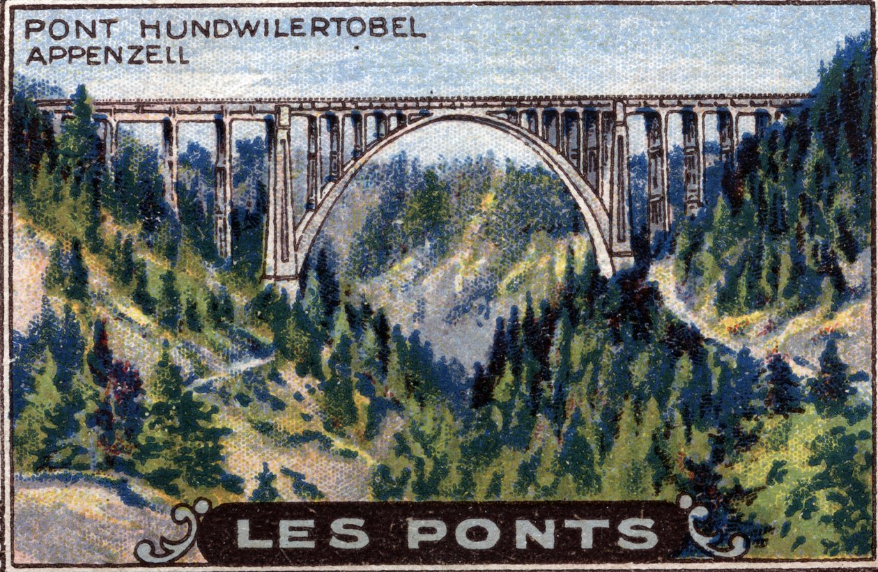 Arquitetura e engenharia civil: representação da ponte Hundwilertobel no cantão de Appenzell, Suíça, série sobre pontes, início do século XX (cromo) de Unknown Artist