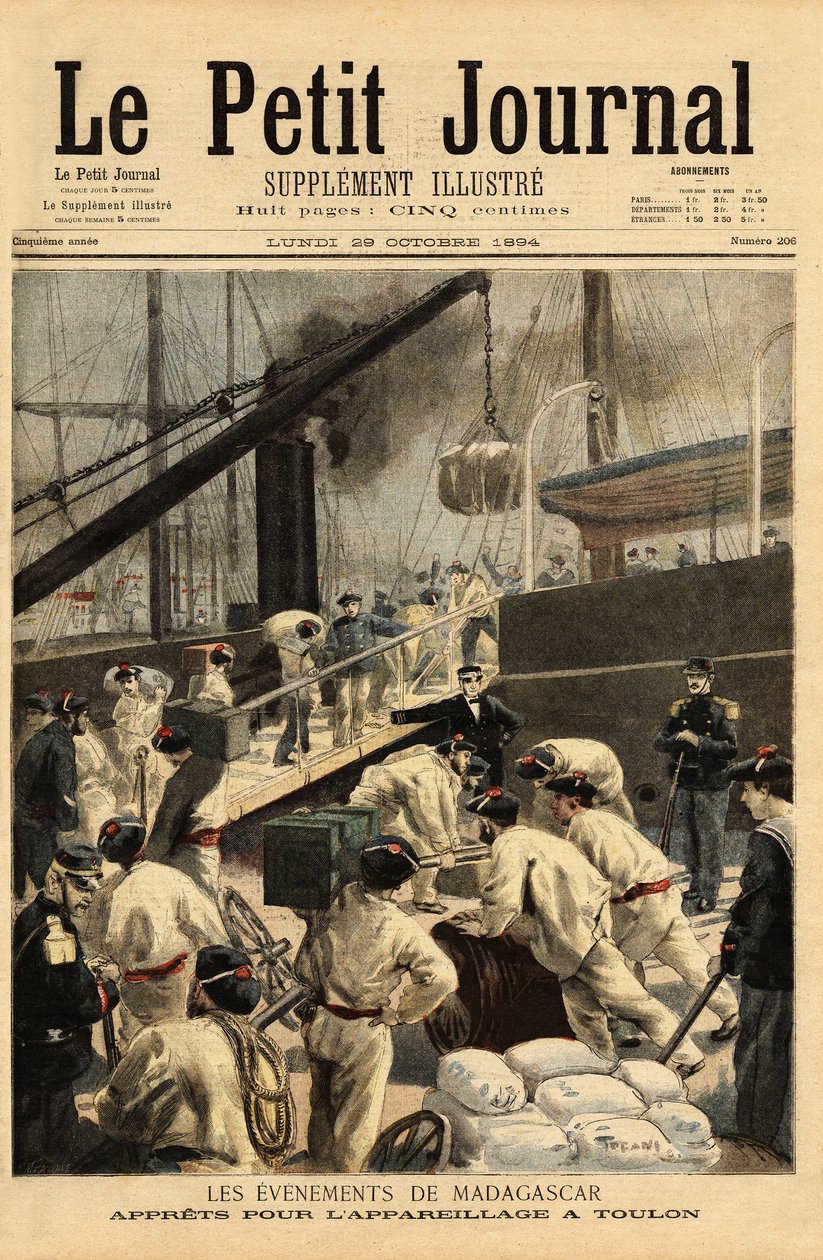 Armamento em Toulon dos cruzadores Dupetit-Thouars e Laperouse, e embarque de 15.000 soldados, para uma expedição a Madagáscar, por decisão do ministro colonial Theophile Delcasse (1852-1923). Gravação no "Le petit journal" 29/10/1894. O colega de Selva de Unknown artist