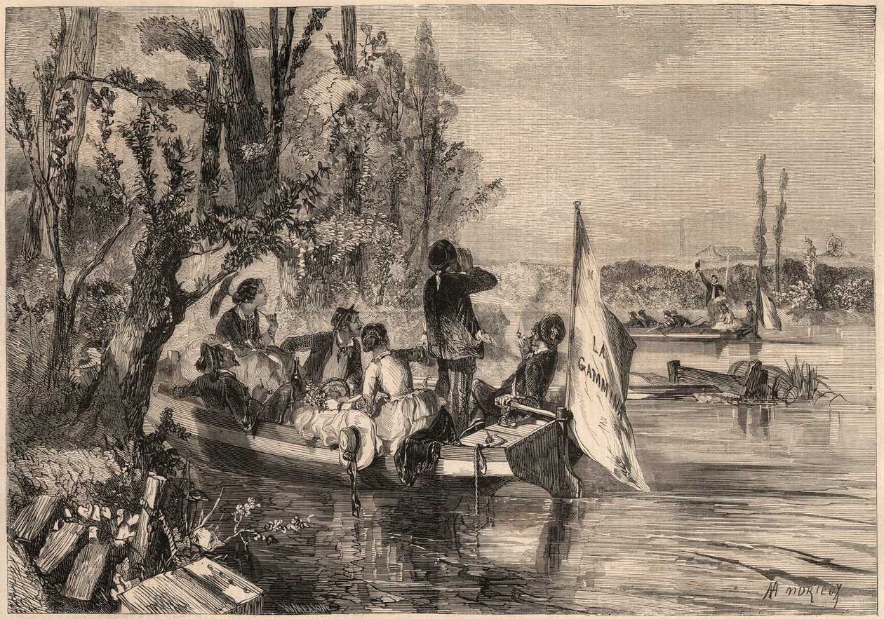 Por Paris, em 1857. Os canoístas em Asnieres. Gravura em "Le Monde illustrious" de 1857. Colecção privada. de Unknown artist