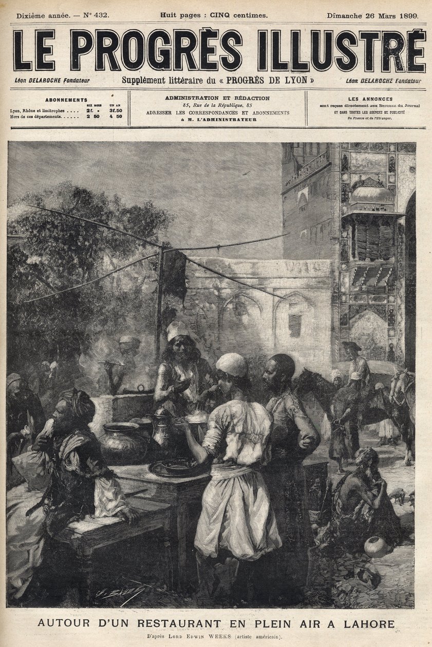 Em torno de um restaurante ao ar livre em Lahore, Paquistão - cobertura do "The illustrious progress" de Março de 1899 - de Unknown artist