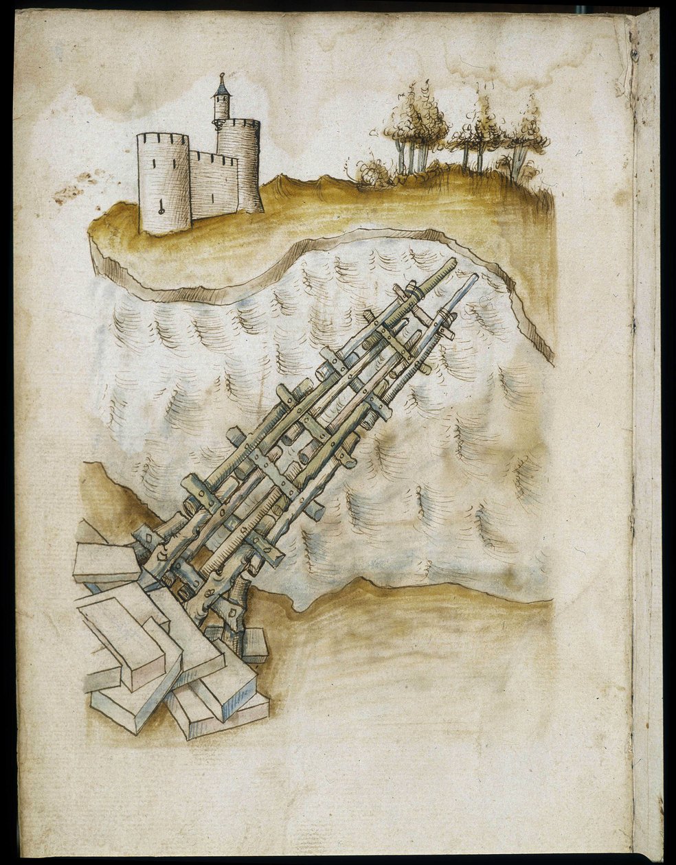 Disposição de uma ponte de madeira - Manuscrito: folha de pergaminho de um manual de engenharia para a construção de edifícios civis, religiosos e militares, anónimo, finais do século XV (figura em tinta chinesa) de Unknown artist