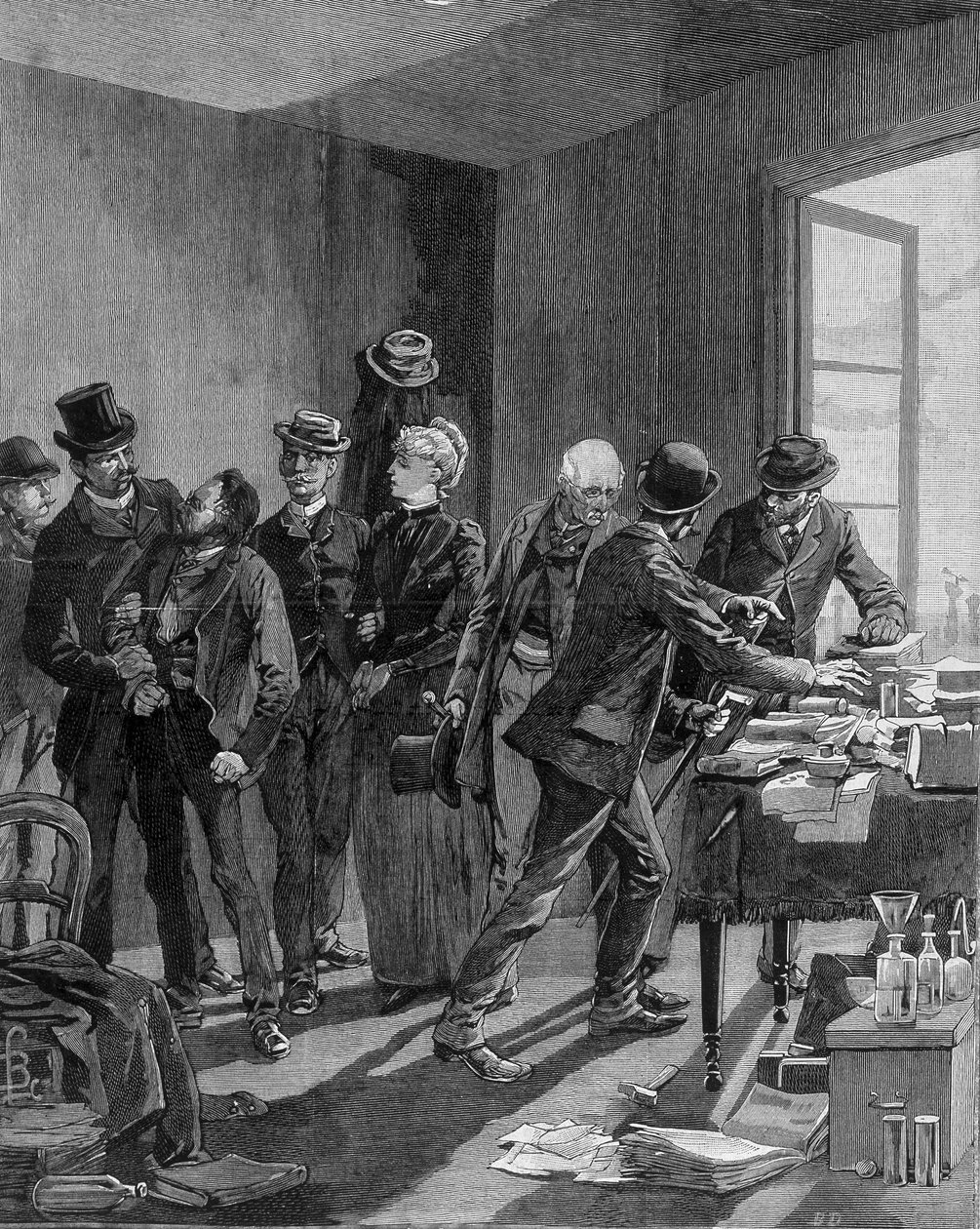 Prisão em Paris dos niilistas Reinchtein e sua esposa. Gravura no final do século XIX (1890?). de Unknown artist