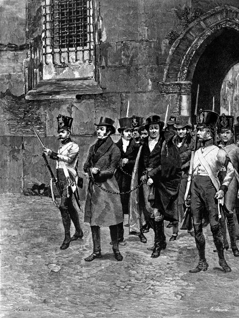 Detenção de carbonari (membros da Charbonnerie ou Carboneria) do Veneto Lombardia. Ilustração de Matania. Gravura do século XIX. de Unknown artist