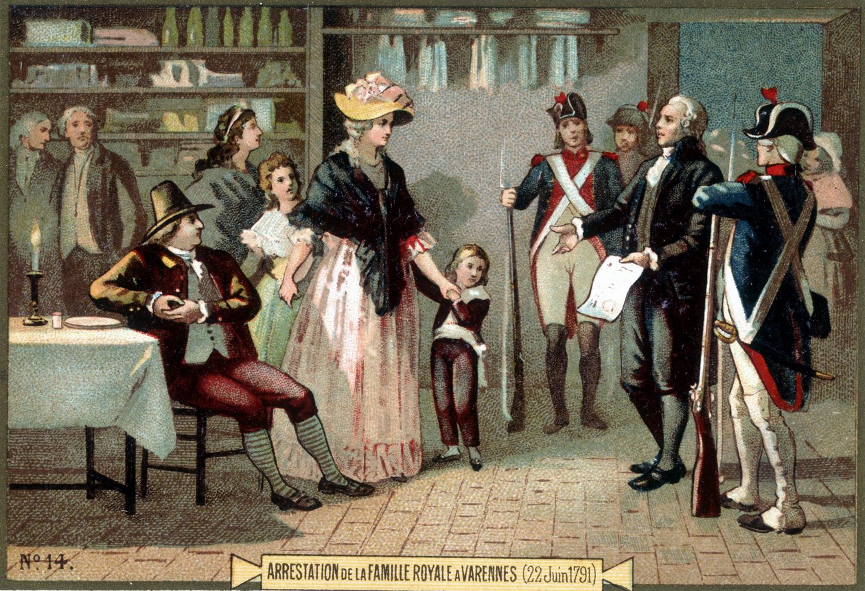 Detenção da Família Real (Luís XVI e Maria Antonieta com os filhos) em Varennes (22-06-1791). Cromolitografia do século XIX. de Unknown artist