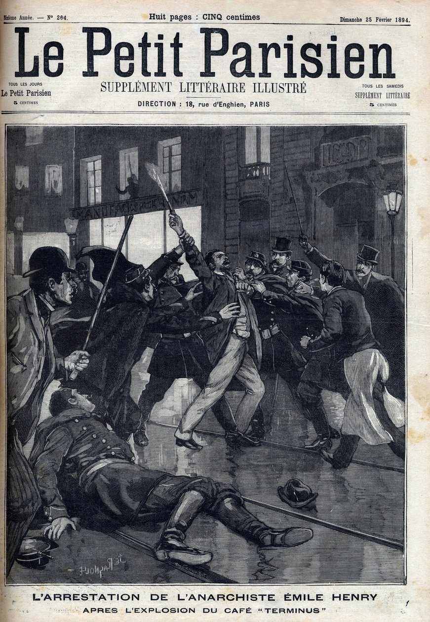 Prisão do anarquista Emile Henry (1872-1894) após a explosão do café "Terminus" em Paris. Gravação em "Le Parisien". de Unknown artist