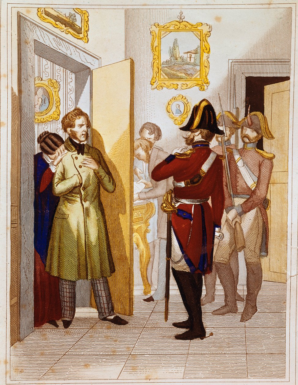 Prisão do patriota Federico Confalonieri (1785-1846), pelas tropas italianas. Gravura do Museo del Risorgimento do século XIX, Roma de Unknown artist