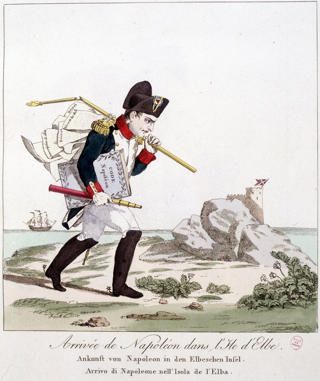 Chegada de Napoleão à Ilha Elba (carregada sob o braço do Código Napoleão) - em "Napoleão 1, caricaturas, coleção de bonecos", c. 1814 de Unknown artist