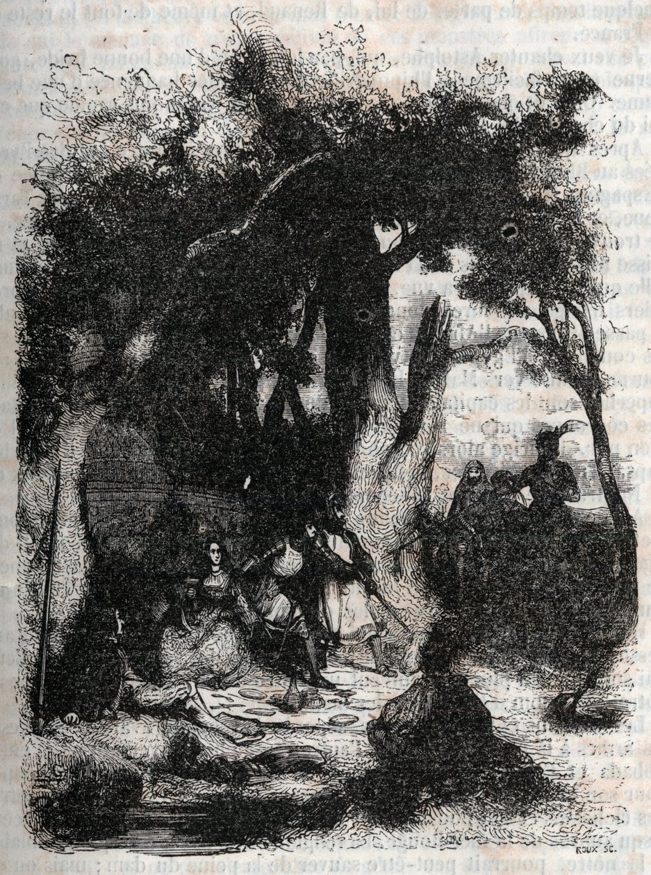 Chegada de Rodomont e Mandricard à fonte de Merlin - gravura de 1851 de "Roland furieux" (Orlando furioso) (século XVI) de Ludovico Ariosto, conhecido como Ariosta - Edição traduzida do italiano pelo Conde de Tressan e publicada por de Unknown artist