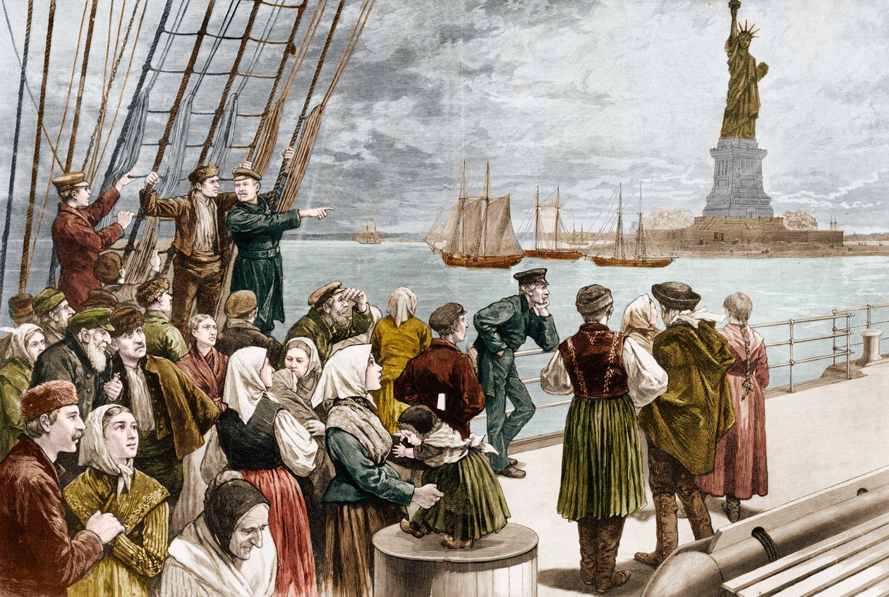 Chegada dos emigrantes a Nova York em 1887 (ao fundo, a estátua de Liberte). ©Leemage de Unknown artist