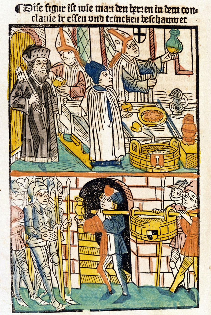 Chegada dos alimentos para que os membros do Conselho de Constança (1417), durante o qual o Papa Martin V foi eleito, pudessem comer. "Das Concilium". de Unknown artist