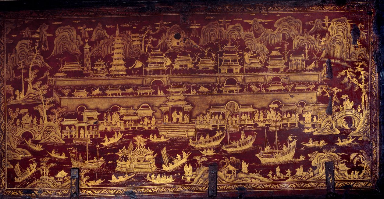 Chegada dos portugueses em Nanjing (Nanjing ou Namquin), China. Tampa da caixa coberta com tinta vermelha e dourada. Século XVII. Porto, Museu Nacional de Unknown artist