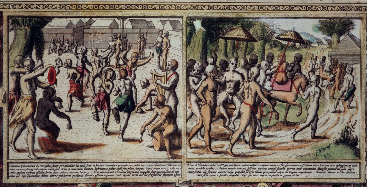 Arte Portugal: dança dos detalhes indígenas do mapa do Guinee por Luis Texeira (1602-1650), Gravura do século XVII. de Unknown artist
