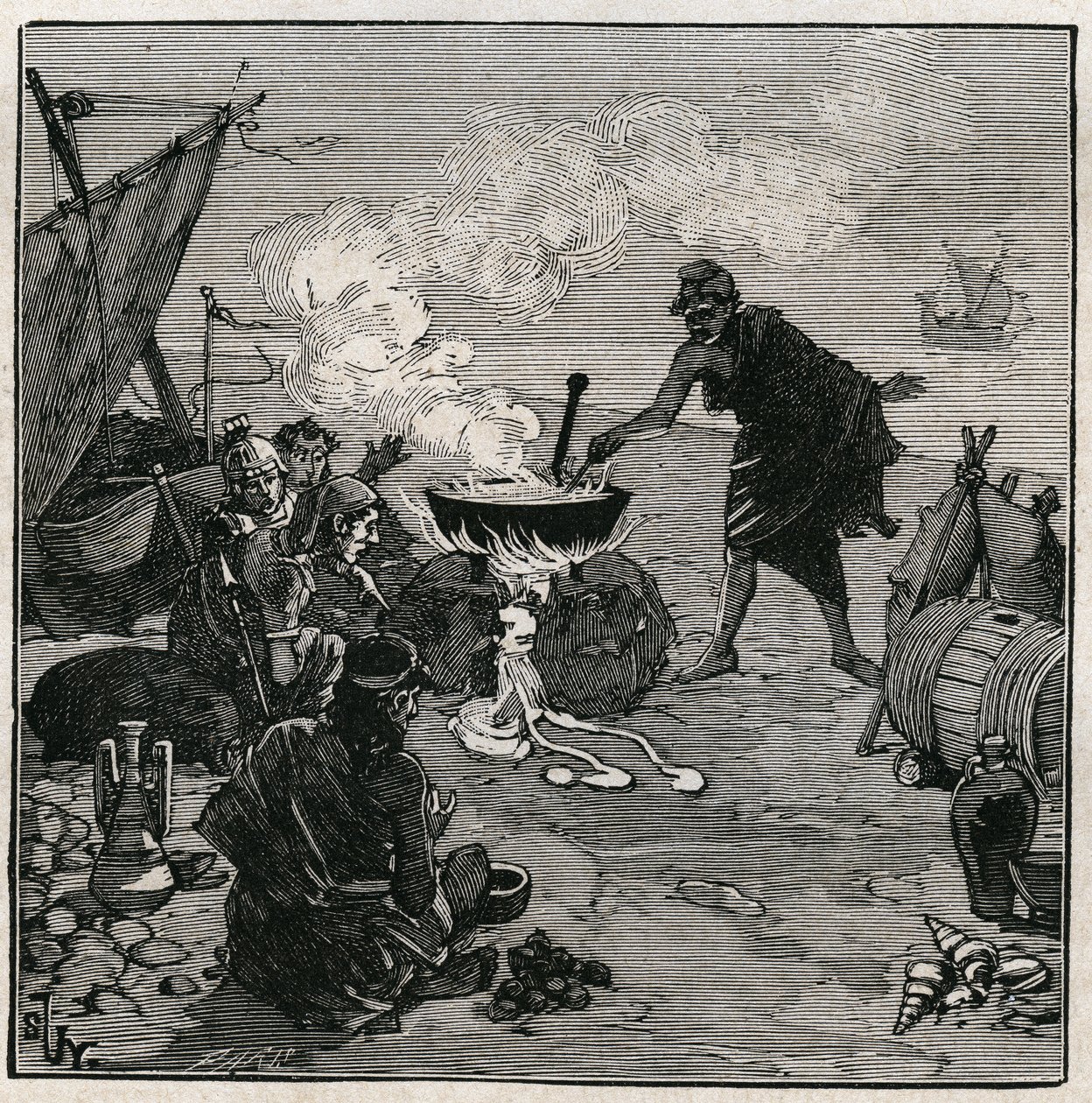 Arte do vidro: vitrificação descoberta segundo Plínio o Ancião (23-79 d.C.). Em Antiquite, comerciantes falharam em um incêndio na praia com plantas de Kali entre os combustíveis. Estes vegetais fornecem soda suficiente para produzir vidro, misturando-se c de Unknown artist