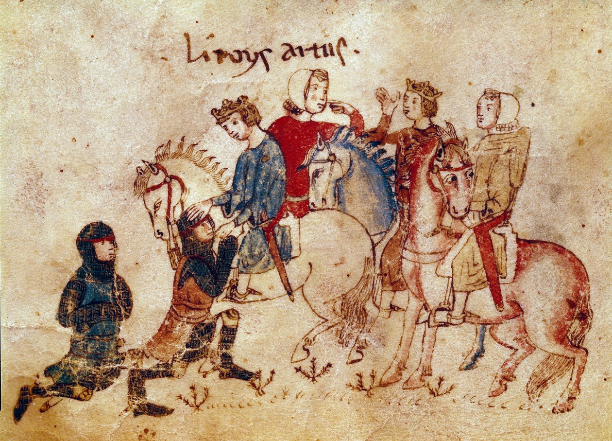 Arthurian Legend: "Rei Artur amolecendo cavaleiros (Meliadus (ou Meliodas), Esclabor e Arfasar (ou Arphasar)" Miniatura de "Meliadus, irmão de Tristão" Século XIV Veneza Biblioteca Marciana de Unknown artist