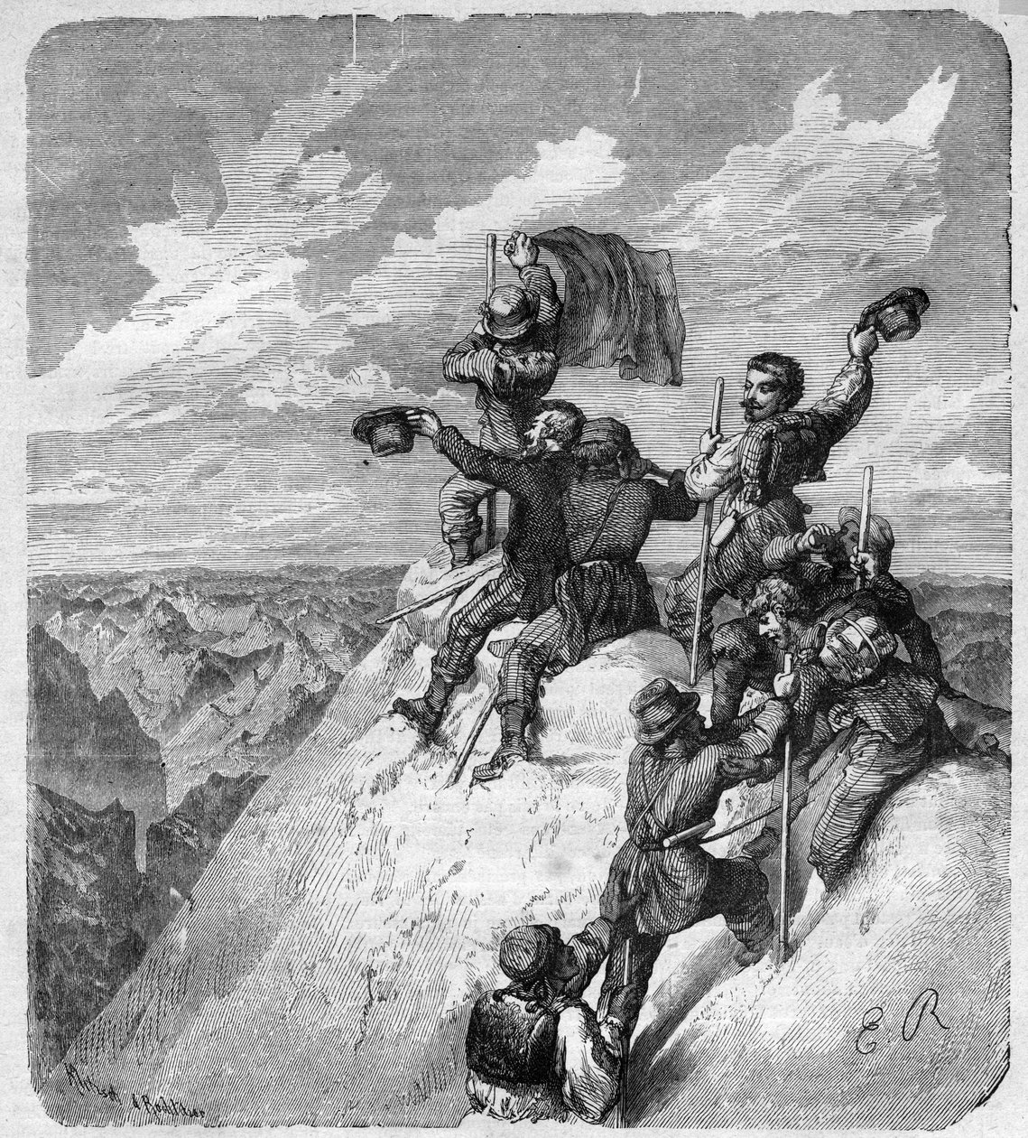 Ascensão dos Illimani (6.439 m) (Nevado Illimani, pico de Paris) por Charles Wiener (1851-1913) Explorador e diplomata francês e seus companheiros - gravação em "journal des voyages" 1887 de Unknown artist