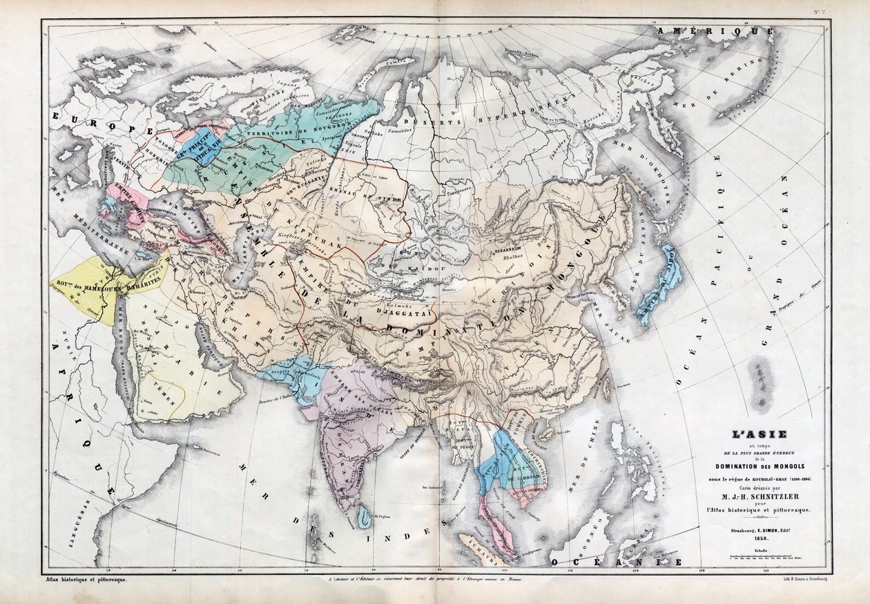 Ásia na época do maior domínio mongol sob o domínio de Qubilai (Kubilai Khan) (1260-1294) - Mapa preparado por M J-H Schnitzler, Atlas Histórico e Pitoresco 1857 de Unknown artist