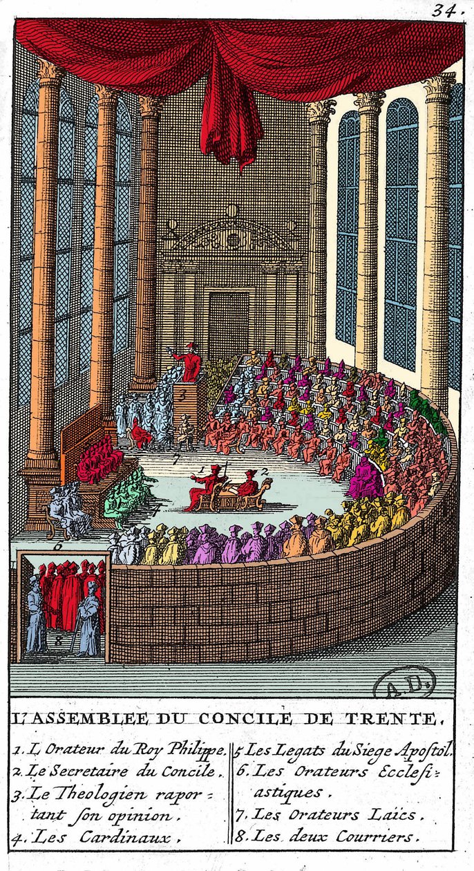 Assembléia do Conselho de Trento (1545 - 1563), gravura 1706. de Unknown artist