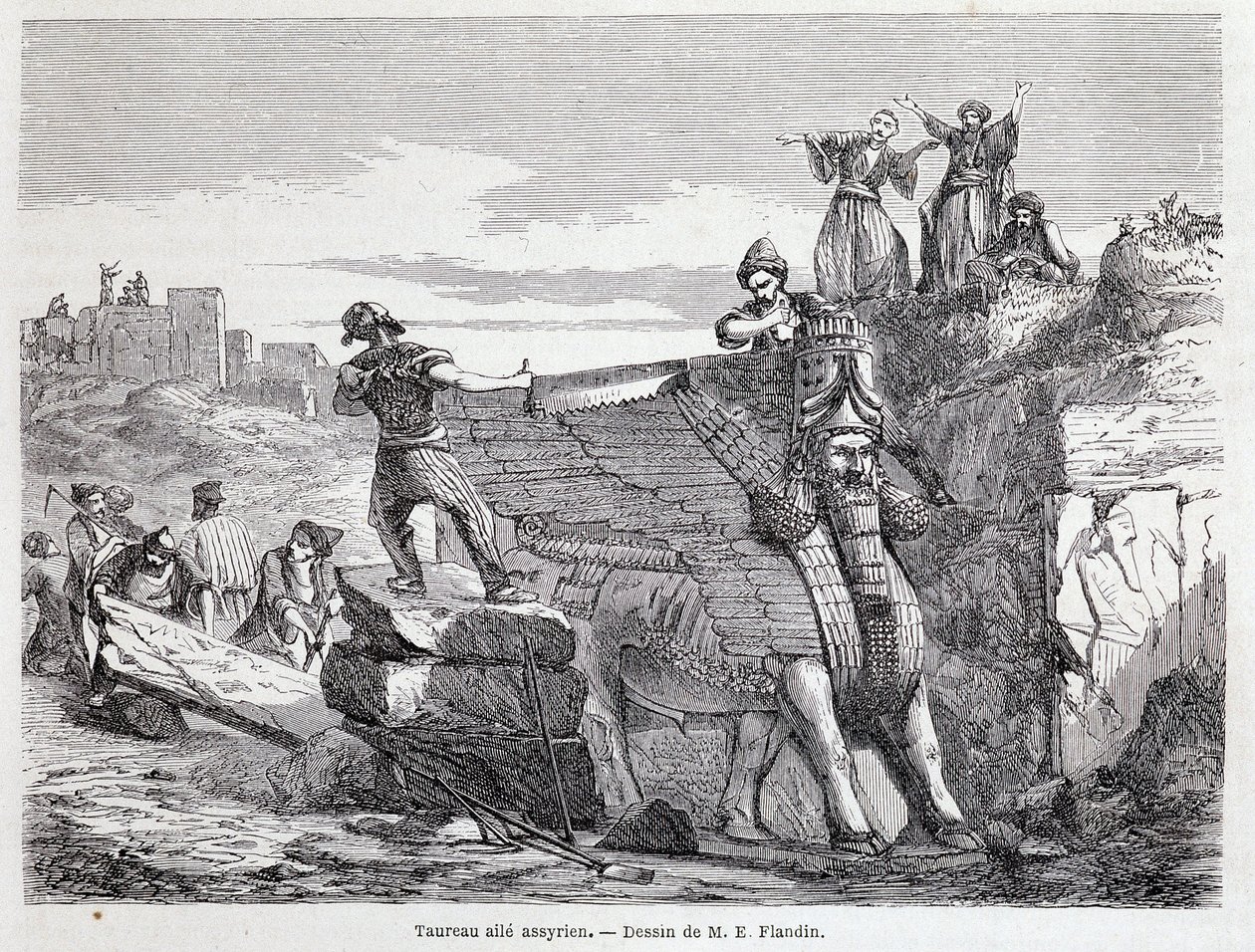 Touro alado assírio no local de Nineveh - em "Tour du monde" 1º semestre. 1863. de Unknown artist
