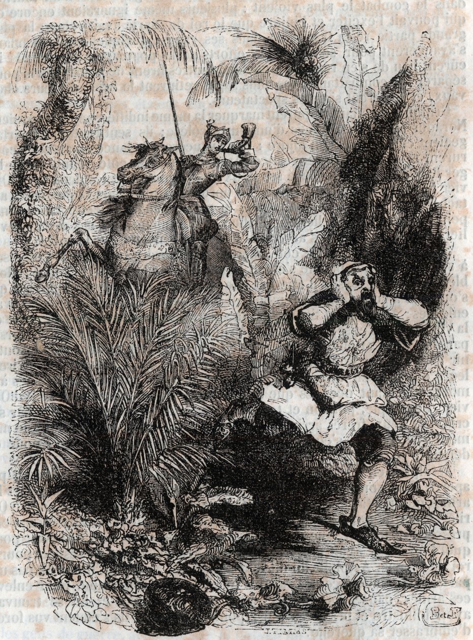 Astolphe faz fugir Caligorant - 1851 gravura de "Furious Roland" (Orlando furioso) (século XVI) de Ludovico Ariosto, conhecido como o Ariosto - Edição traduzida do italiano pelo Conde de Tressan e publicada por Gustave Harvard 1851 de Unknown artist