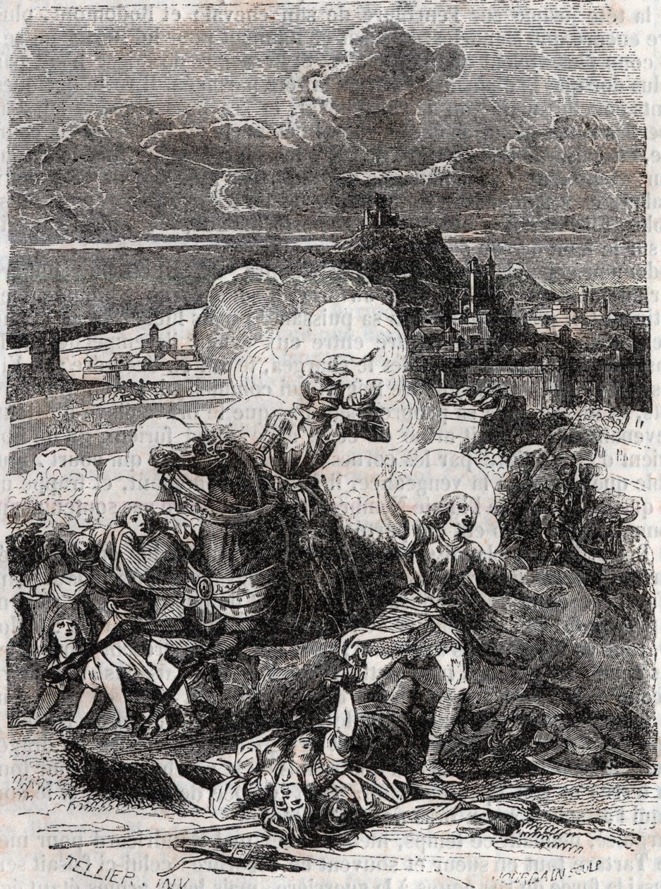 Astolphe faz fugir mulheres homicidas - Gravura de 1851 de "Furious Roland" (Orlando furioso) (século XVI) de Ludovico Ariosto, conhecido como Ariosta - Edição traduzida do italiano pelo Conde de Tressan e publicada por Gustave Harvard 1851 de Unknown artist