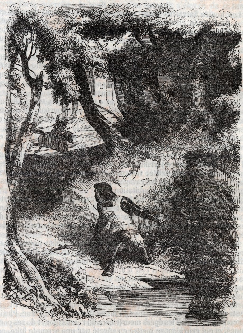 Astolphe na beira de uma fonte - gravura de 1851 de "Furious Roland" (Orlando furioso) (século XVI) de Ludovico Ariosto, conhecido como Ariosta - Edição traduzida do italiano pelo Conde de Tressan e publicada por Gustave Harvard 1851 de Unknown artist
