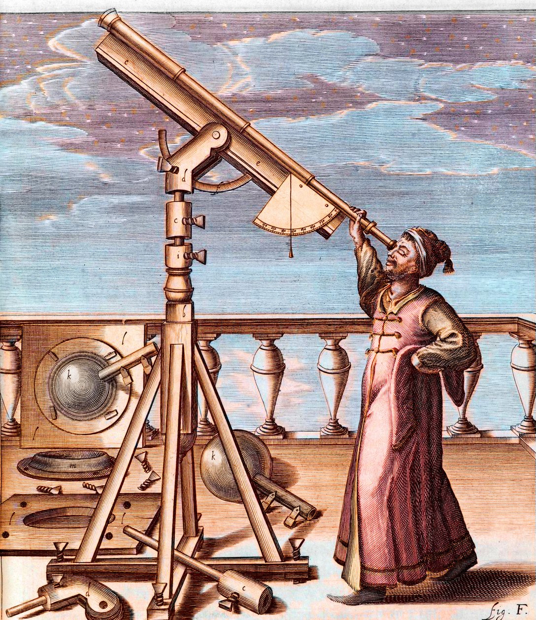 Astrônomo observando o céu com um telescópio - de: Johannes Hevelius (1611-1687), Selenographia, sive Lunae descriptio (Selenografia, ou A Description of The Moon) de Unknown artist