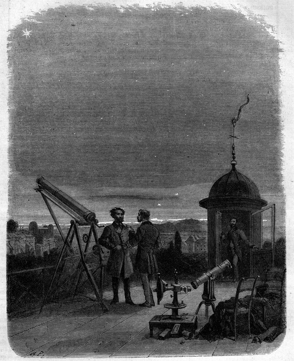 Astrônomos observando com seus óculos astronômicos o planeta Mercúrio no céu de Paris, 17 de fevereiro de Unknown artist