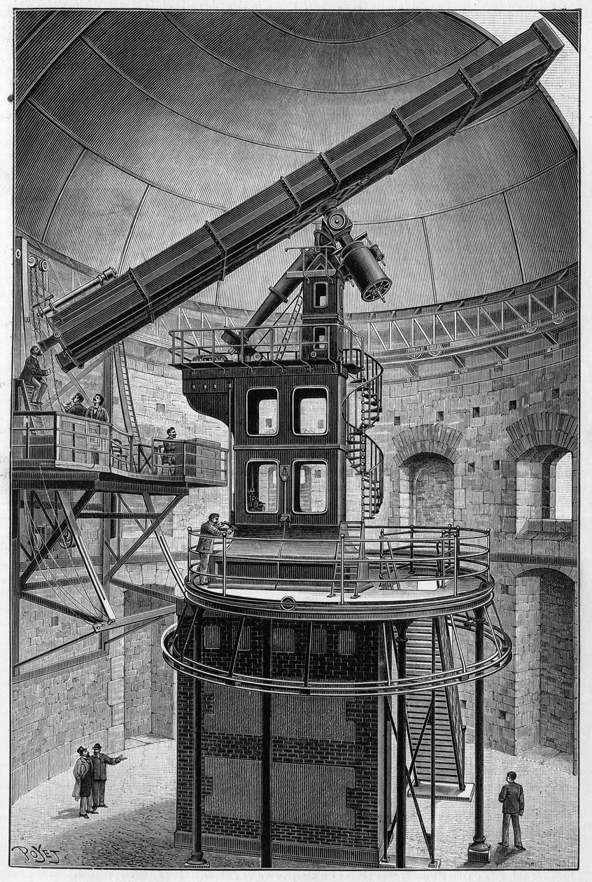 Óculos astronómicos do Sr. Janssen, Membro do Instituto, Director do Observatório de Astronomia Física em Meudon. Gravura em "La Nature: Revue des sciences et de leurs applications aux arts et a l