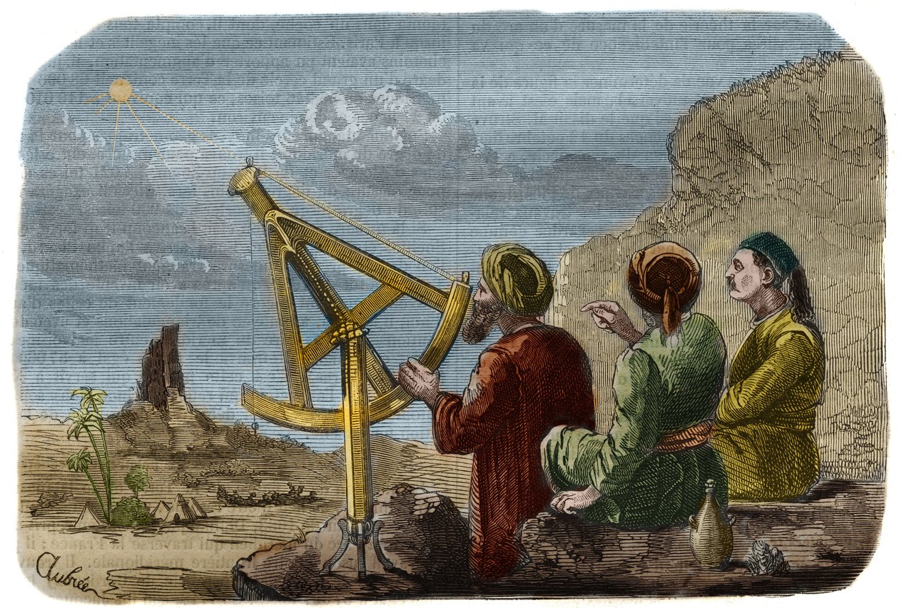 Astronomia: Cientistas árabes elevando a altura do Sol na planície da Babilónia por volta de 825. Eles usam um quarto de círculo com pínulas. Gravura de 1857 em "Le Musee Des Sciences". de Unknown artist