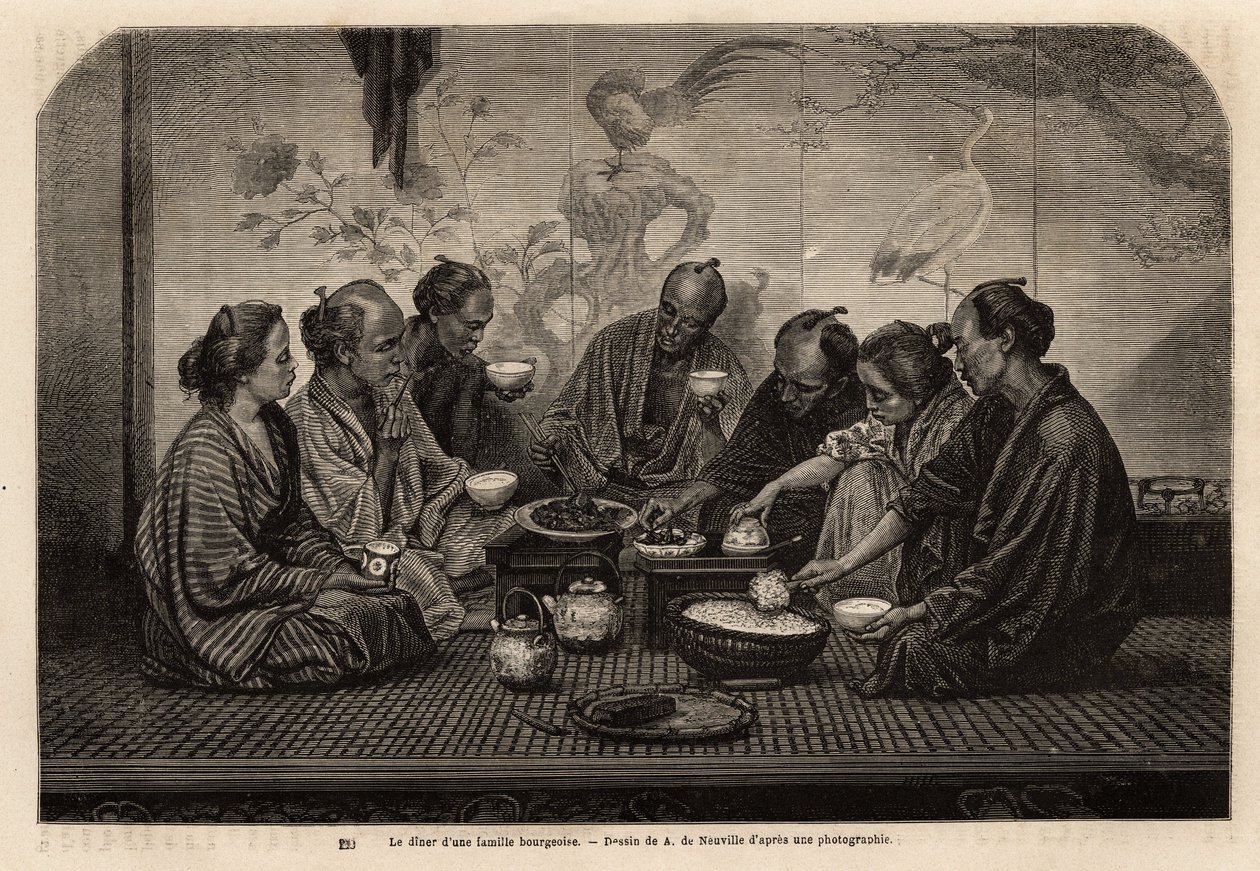No jantar de uma família burguesa, os homens se reúnem em um tatami, ao redor de pequenas mesas de café, comem arroz em uma tigela individual e servem carne e vegetais em um prato comum, enquanto bebem chá, duas mulheres servem o serviço. Gravura para ilus de Unknown artist