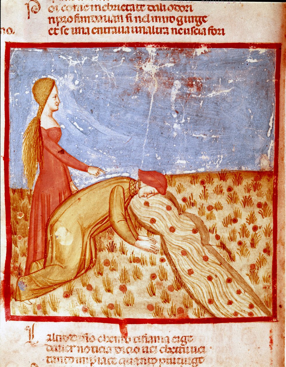 Na entrada do Paraíso, Dante encontra Mathelda, e bebe água do rio Eunoe, o que faz a memória das coisas boas realizadas. Página iluminada ilustrando uma canção do Paraíso da "Divina Commedia" de Dante Alighieri (1265-1321). 14º c de Unknown artist