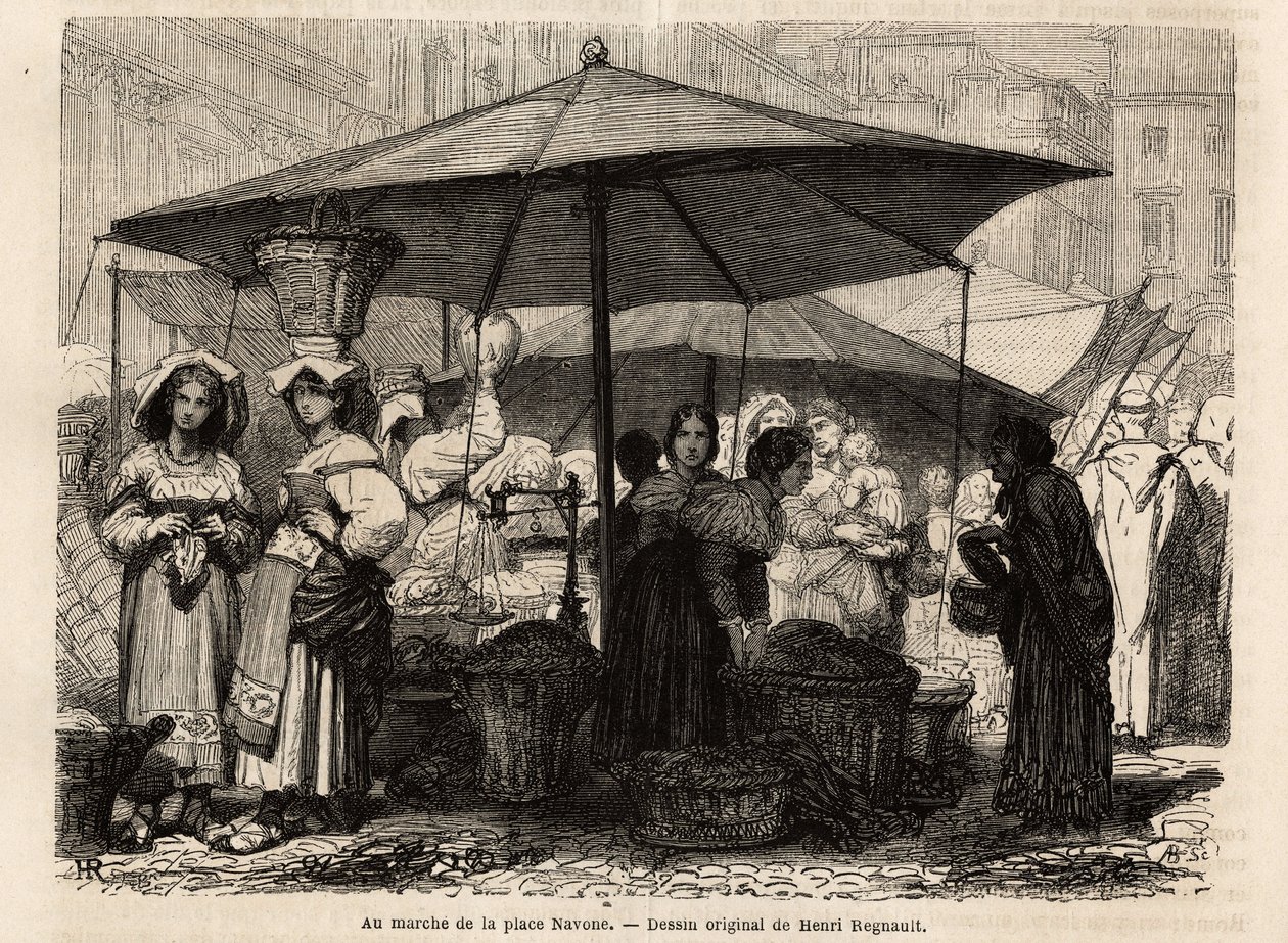 Aos pés da Piazza Navona, Roma (Itália). Gravura para ilustrar a viagem a Roma, de Francis Wey, em 1864-1868, publicada no "Le tour du monde, nouveau journal des voyages", sob a direção de Edouard Charton. de Unknown artist