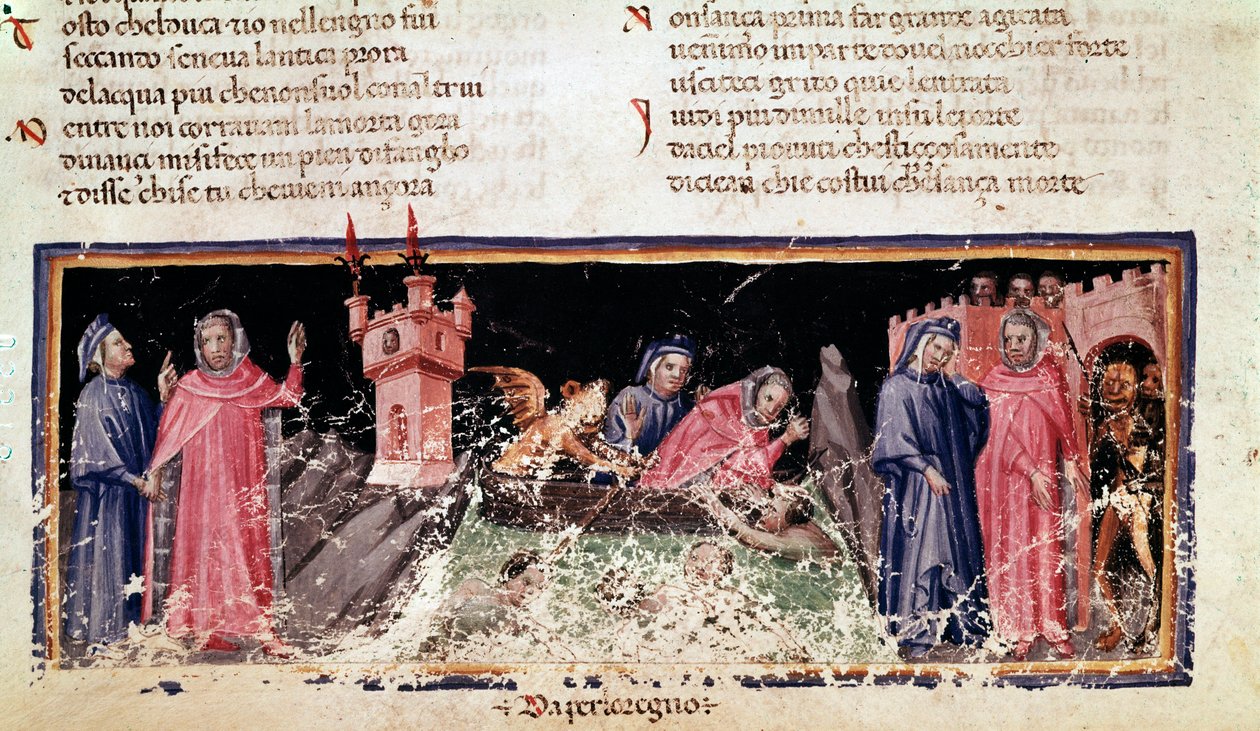 À esquerda, Dante e Virgil ficam na margem do rio Styx, a sombria margem de Acheron. No centro, Charon ferries Dante e Virgil, que parecem muito alarmados (canção 3 do Inferno, na Divina Comédia) - miniatura de Unknown artist