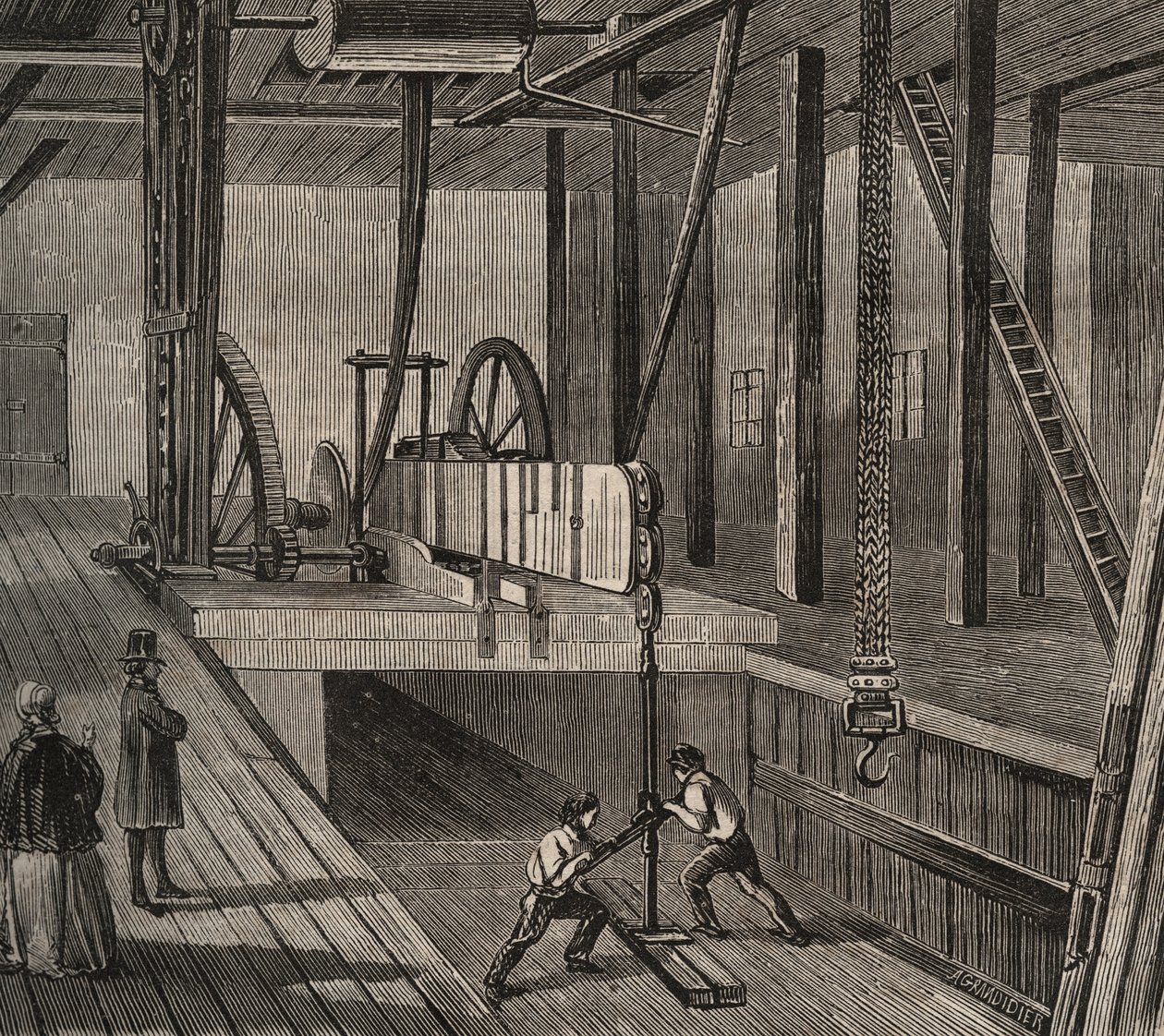 Atelier de perfuração do poço artesiano de Passy. Gravura de 1856 em "Le Musee Des Sciences". de Unknown artist