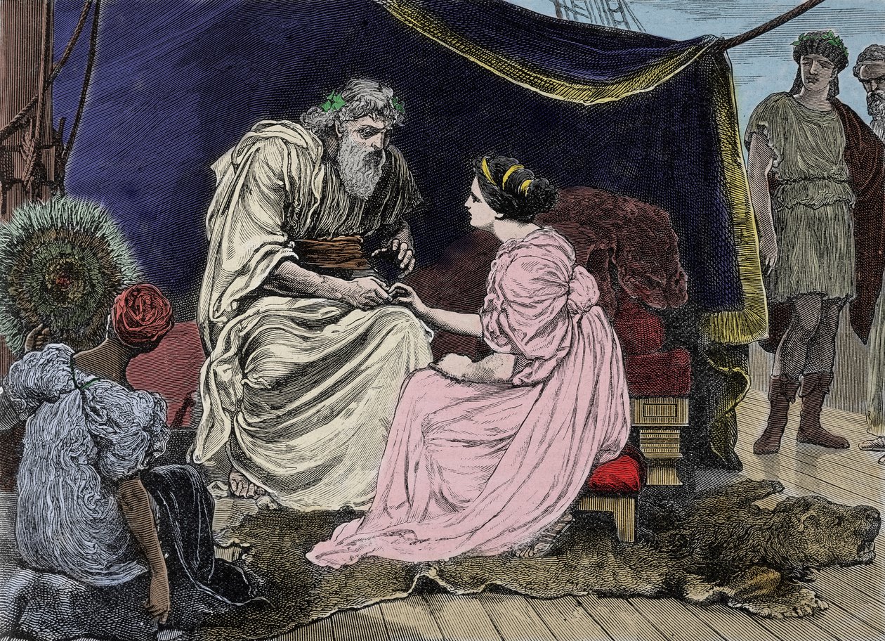 O estadista ateniense Péricles (495 a.C.-429 a.C.), um defensor da democracia, com a sua filha Marine. Gravura do século XIX (19-1233 a.C.) de Unknown artist