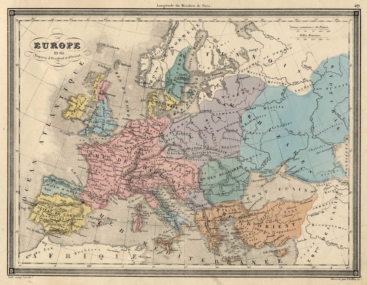 Atlas da Europa em 814: Impérios do Ocidente e do Oriente. Plano extraído do "Atlas Universal da Geografia Antiga e Moderna" de Vuillemin. sd. cerca de 1851. de Unknown artist
