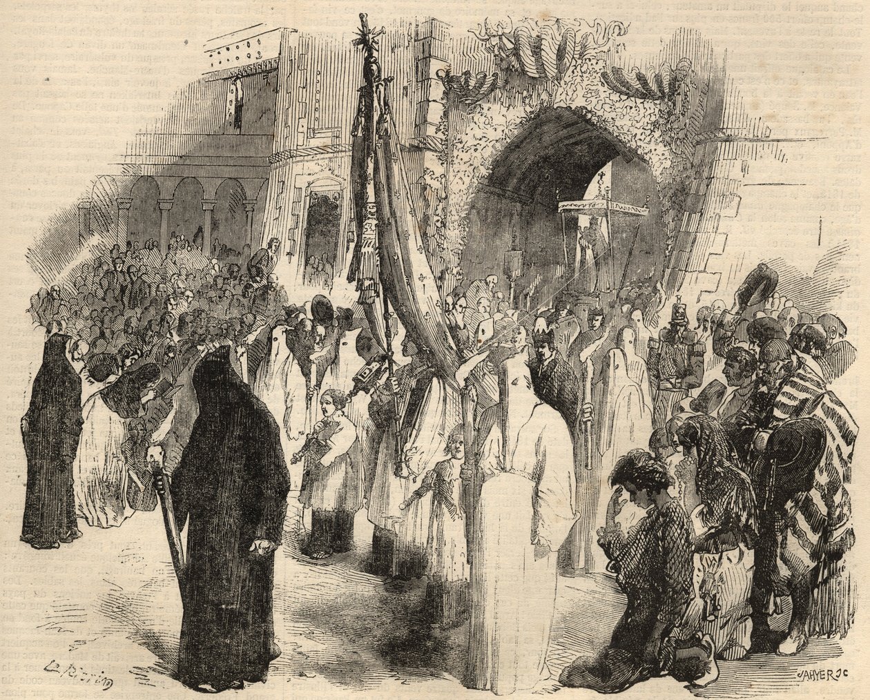 Procissão de expiação para a cessação da febre amarela em Lisboa, Portugal, em 1857. Gravura no "Le Monde ilustre" de 1857. Colecção privada. de Unknown artist