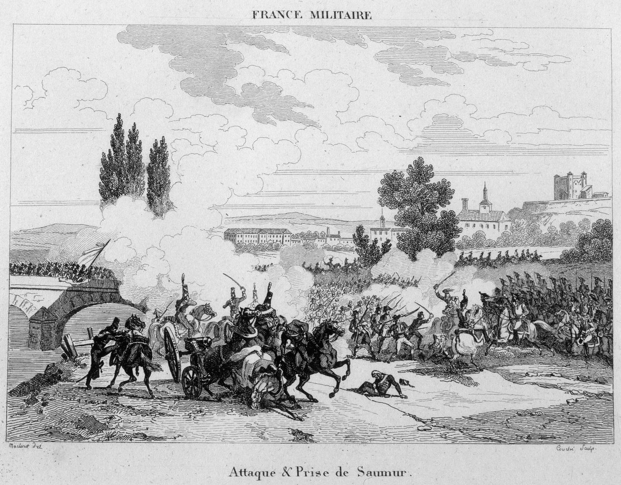 Ataque e captura de Saumur. Gravura do século XIX. de Unknown artist