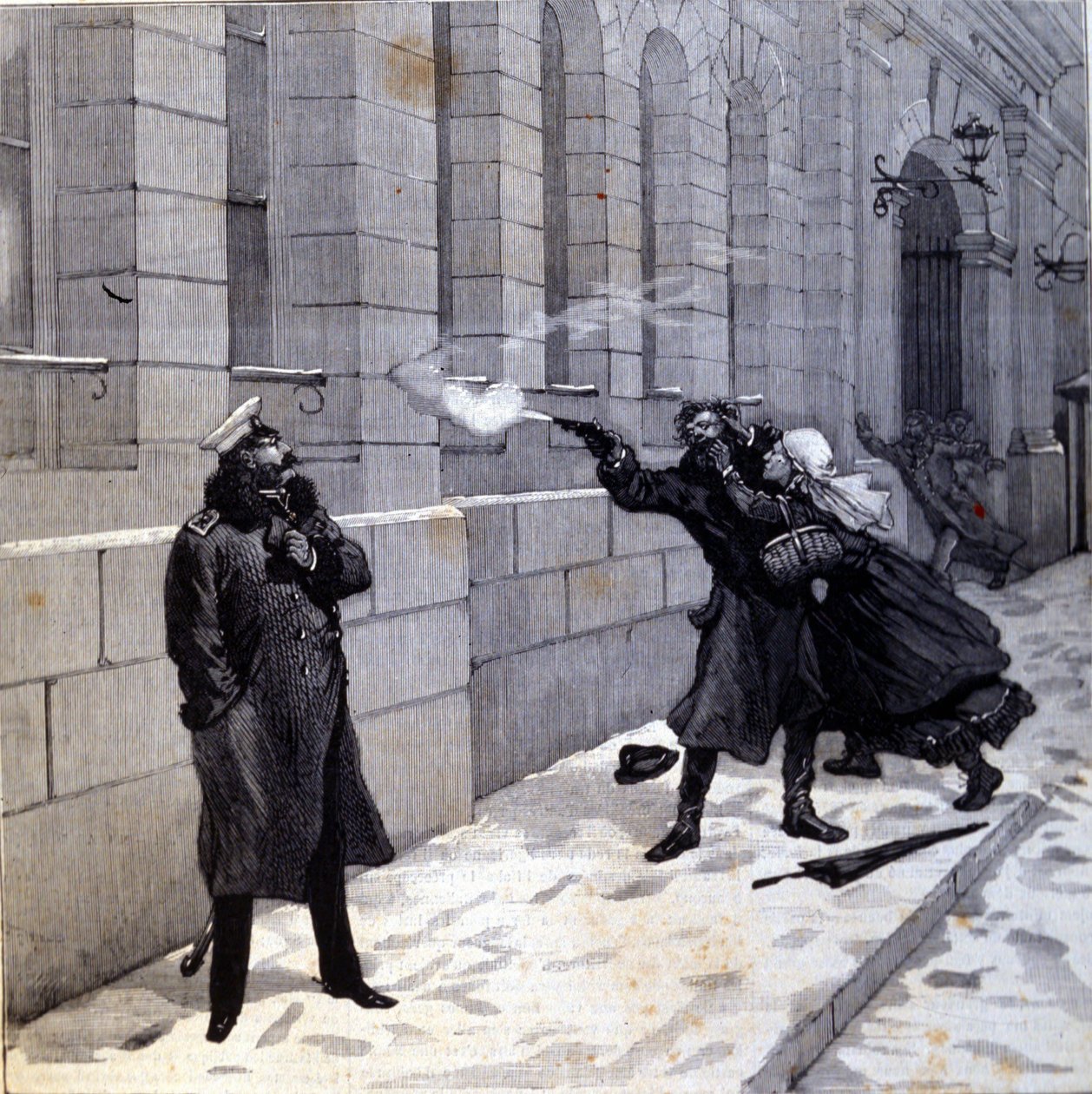 Ataque dirigido contra o czar Alexandre II (1818 - 1881), em São Petersburgo, em 1879. Gravura do século XIX de Unknown artist
