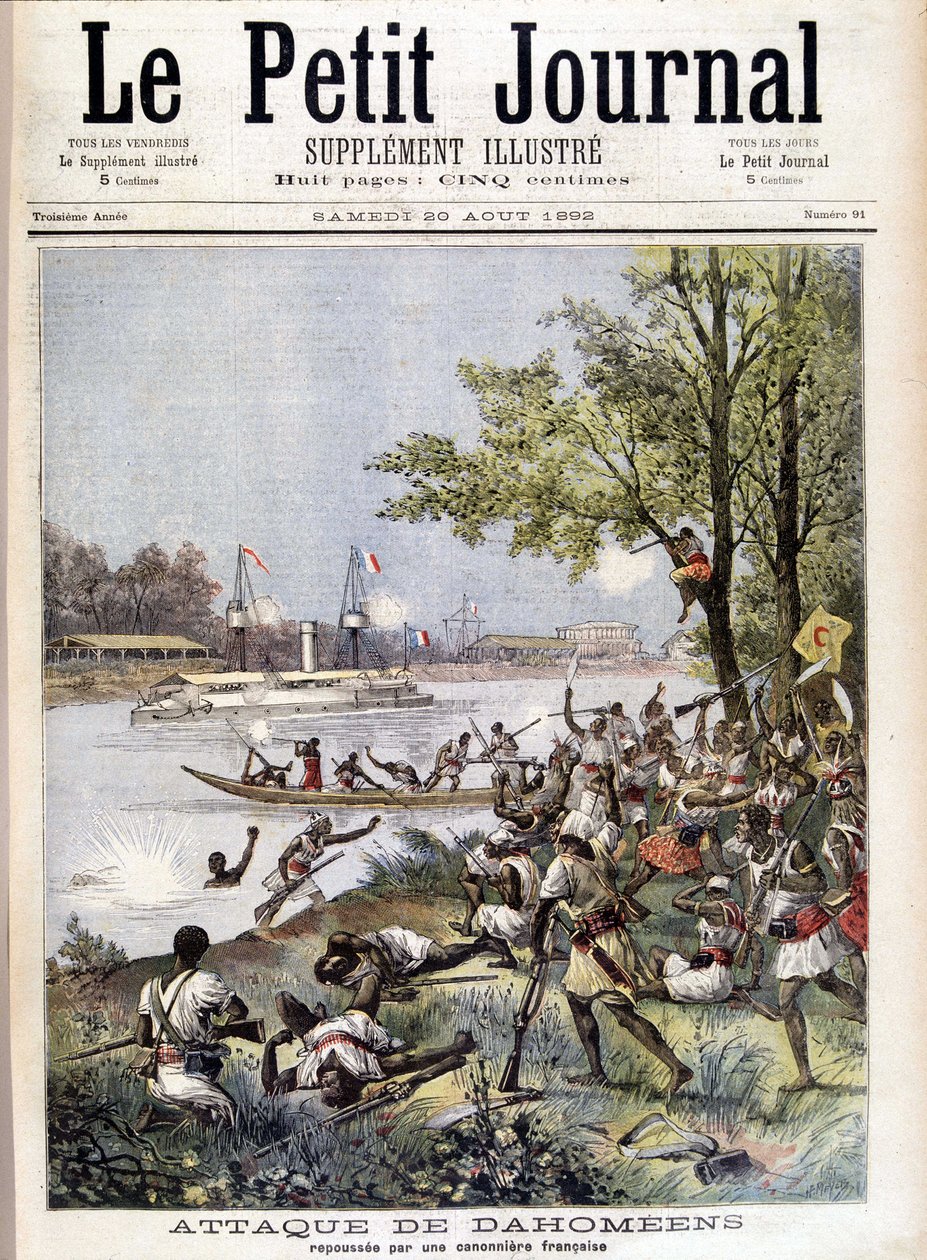 Ataque de Dahoméans repelidos por um canhoneiro francês - no "Le Petité Journal" de 20/08/1892 de Unknown artist