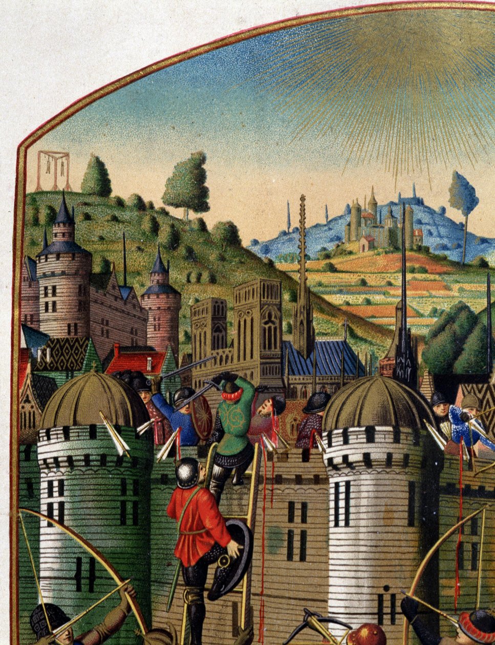 Ataque do castelo de Philippe Auguste com vista para Paris e para a forca de Montfaucon durante a guerra dos 100 anos, em meados do século XV. (detalhe de 14103). de Unknown artist